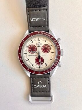 Omega Speedmaster MoonSwatch Burgundy and Cream Chronograph Watch